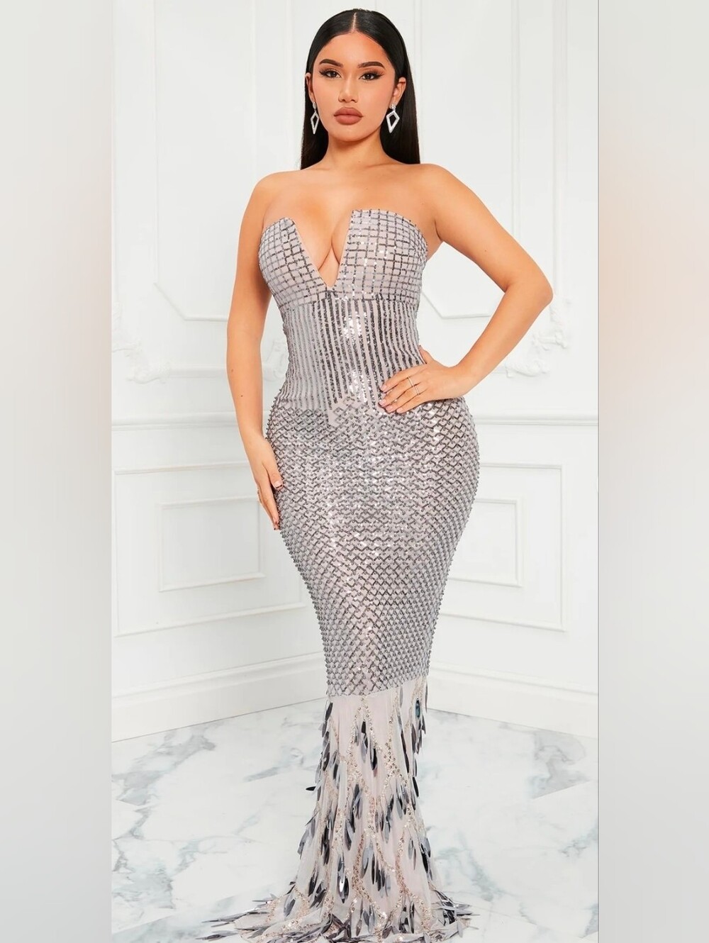 Strapless Silver Sequin Mermaid Dress